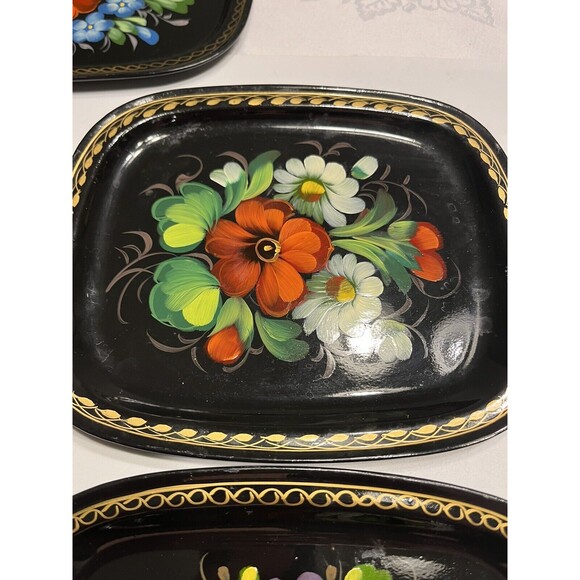5 Vintage Zhostovo Soviet Russian Hand Painted Flowers Toleware Trays Yeha 8x6” - Picture 5 of 15